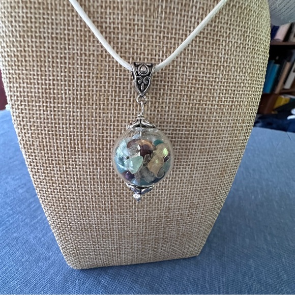 Talisman necklace, glass ball pendant full of healing crystals. - Picture 3 of 7